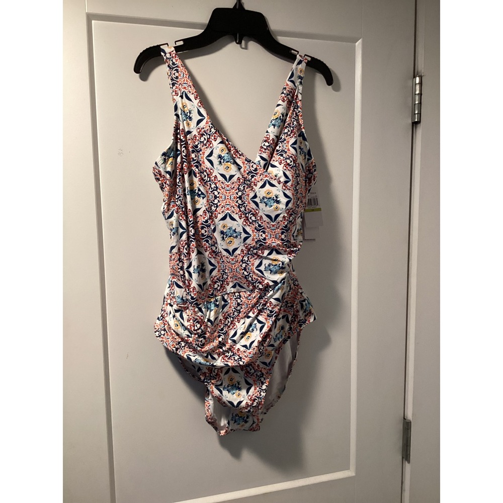 Jantzen Women Red‎ Multi Ceramic Tile V-Neck One Piece Swimsuit JZ23702M Size 14